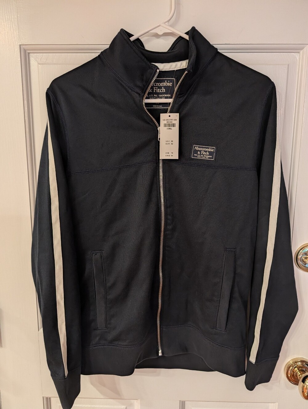 NWT Men's Abercrombie & Fitch Navy Zip-Up Track Jacket White Sleeve Stripes XS
